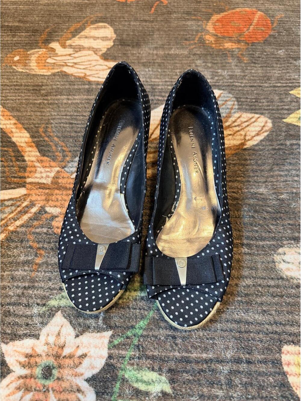 Etienne Aigner Polka Dot Peep Toe Wedges Women’s 7 Black White Espadrille